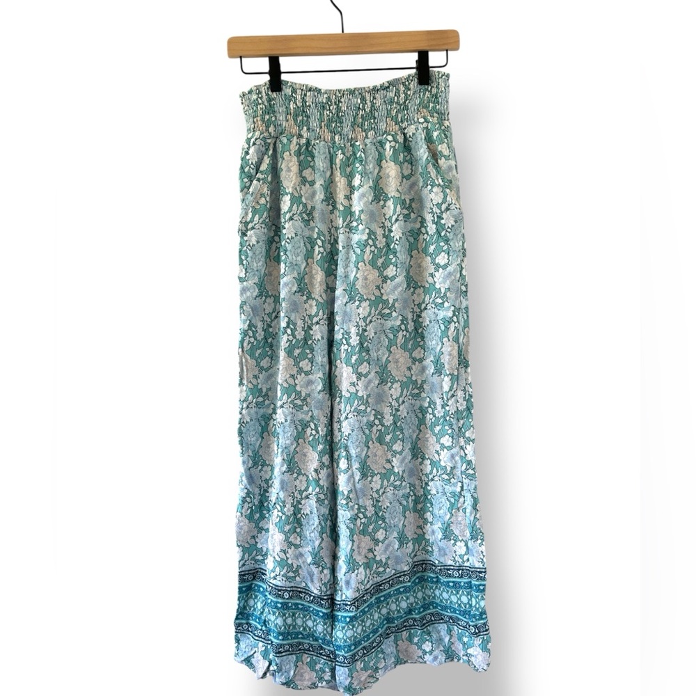 Beachy Boho Floral Wideleg Lounge Pants Sz L Elastic Waist, Pockets, Lightweight